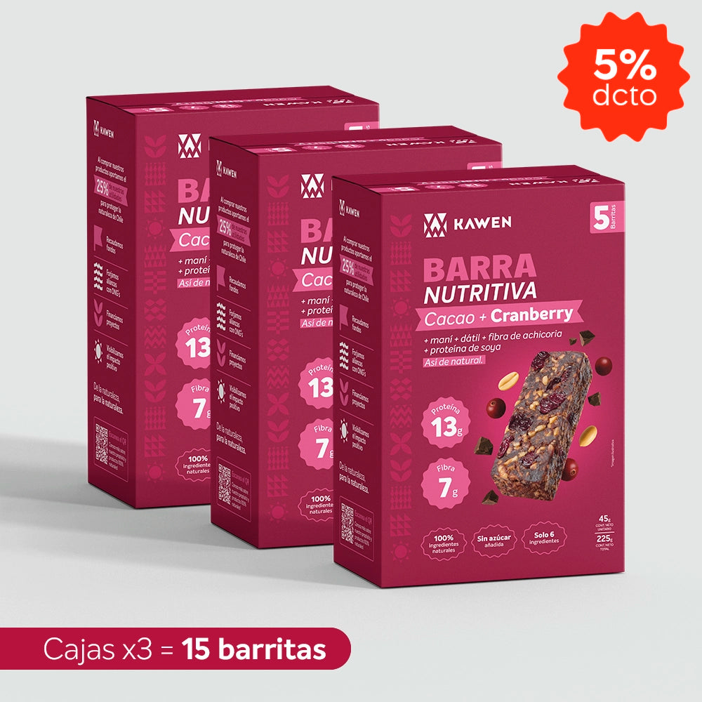 Barra Nutritiva Cacao + Cranberry, 15 unidades