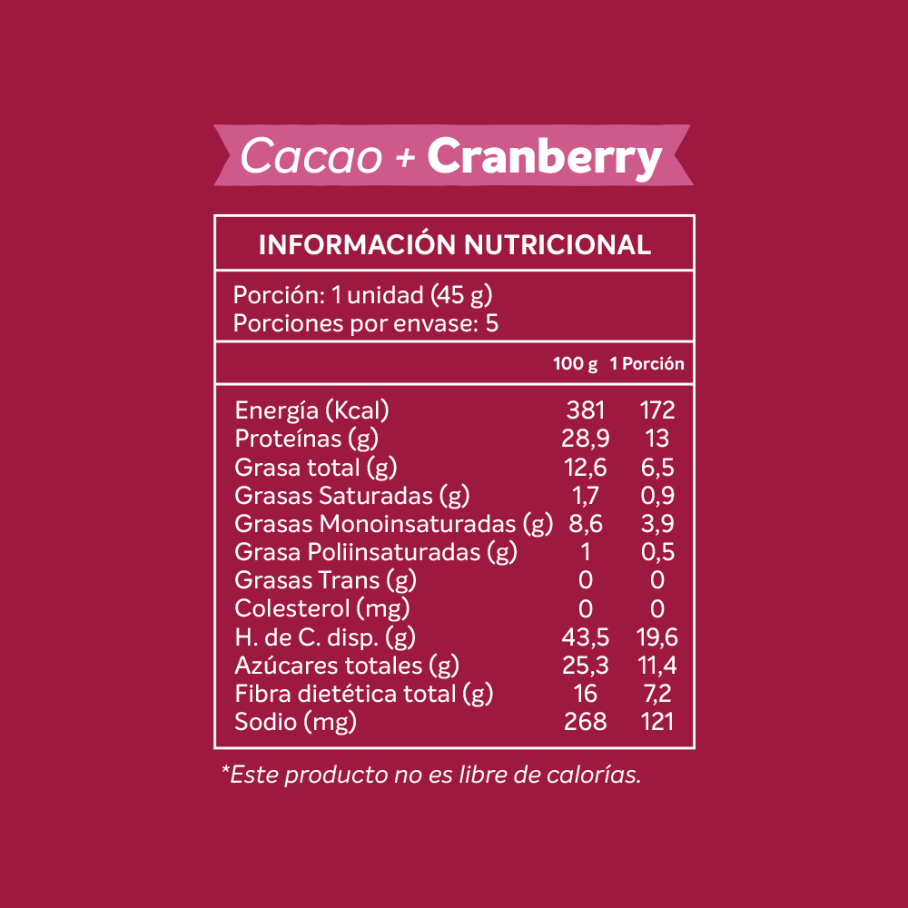 Barra Nutritiva Cacao + Cranberry, 15 unidades