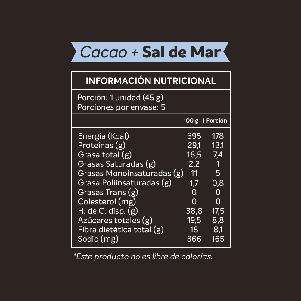 Barra Nutritiva Cacao + Sal de Mar, 15 unidades